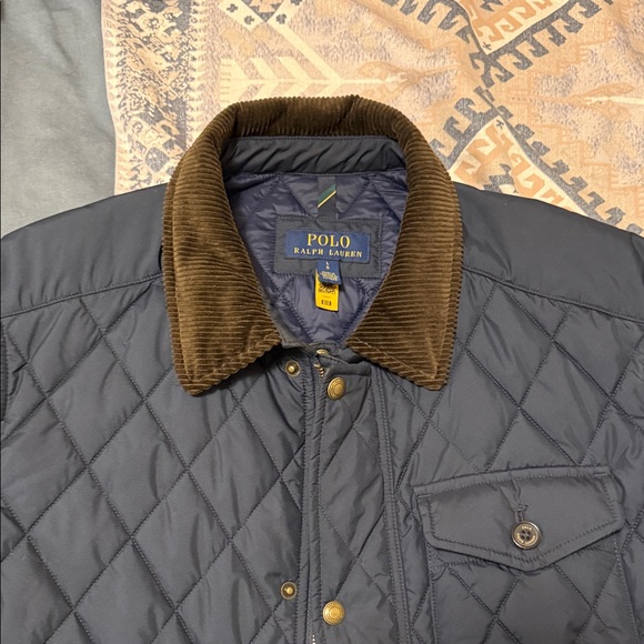 Polo Ralph Lauren Navy Quilted Jacket with Brown Collar - Picture 2 of 6